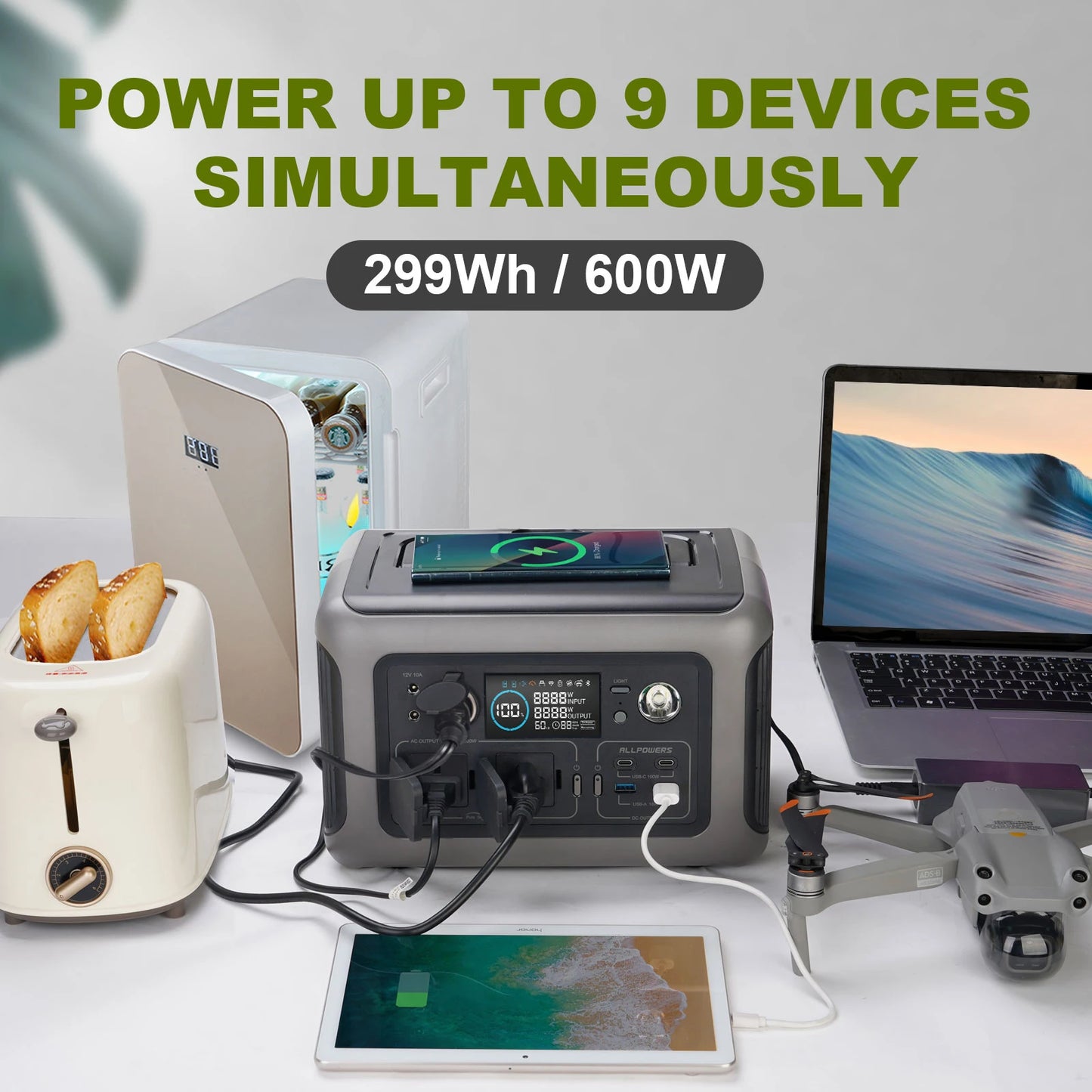 ALLPOWERS R600 Portable Power Station – 299Wh LiFePO4 Battery, 600W Output (1200W Peak), Dual AC Outlets, Solar Charging – Ideal for RV, Outdoor, and Emergency Use