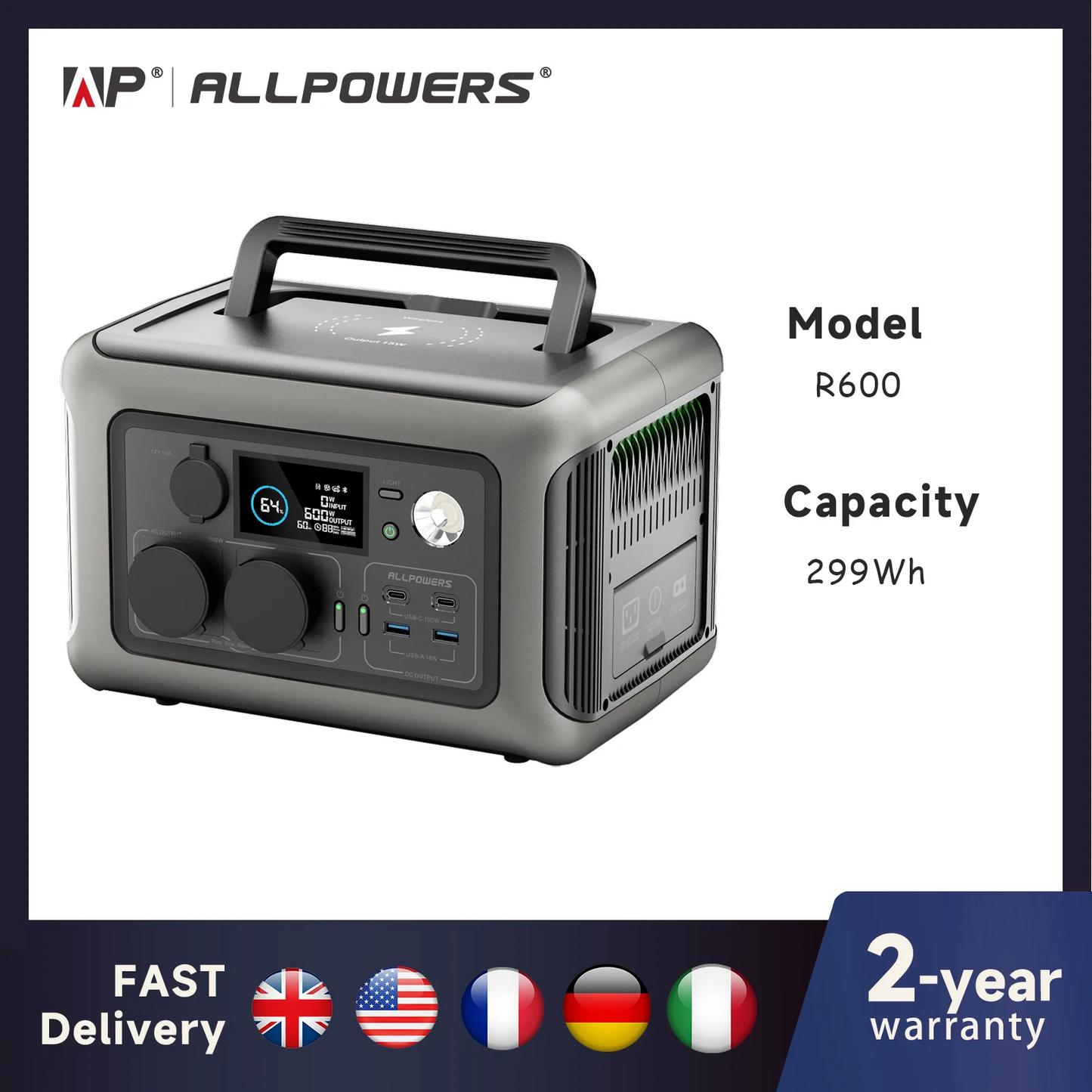 ALLPOWERS R600 Portable Power Station – 299Wh LiFePO4 Battery, 600W Output (1200W Peak), Dual AC Outlets, Solar Charging – Ideal for RV, Outdoor, and Emergency Use